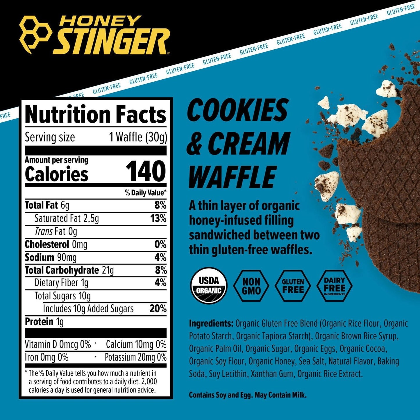 Honey Stinger Organic Gluten-Free Cookies & Cream Waffles – 12 Count