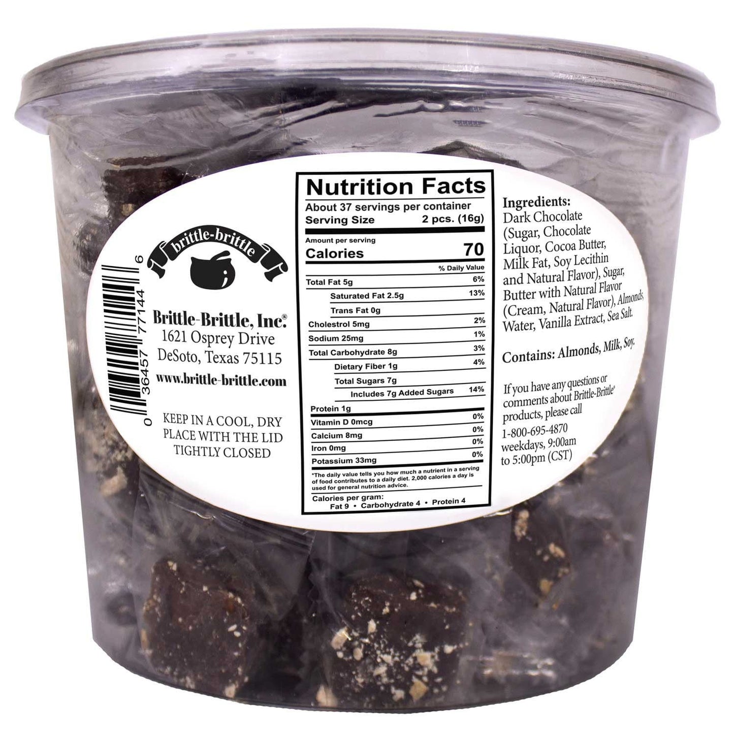 brittle-brittle Roasted Almond Toffee Enrobed in Dark Chocolate, 21 oz.