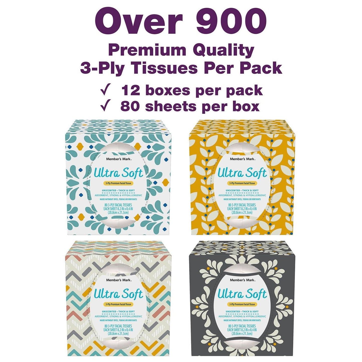 Member's Mark Ultra Soft 3-Ply Facial Tissues, 12 Cube Boxes, 80 tissues/box