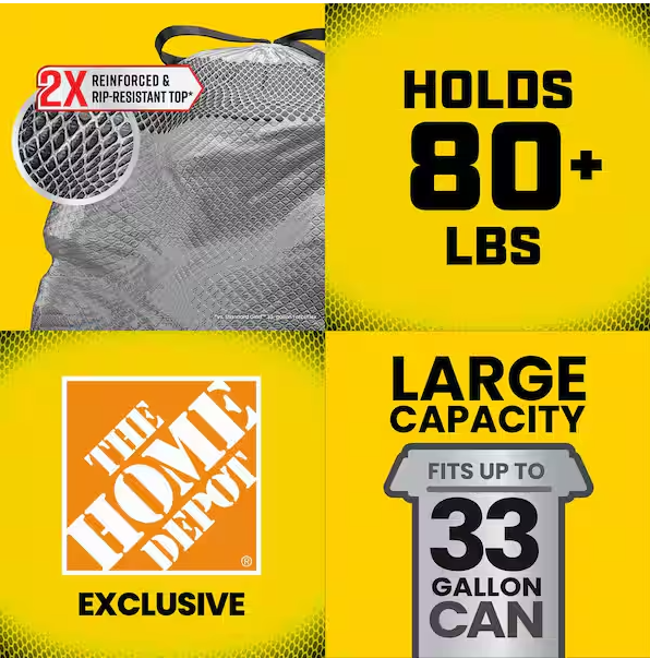 33 Gal. Heavy Duty 2x Reinforced and Rip Resistant Top Large Drawstring Outdoor Black Trash Bags (50-Count)