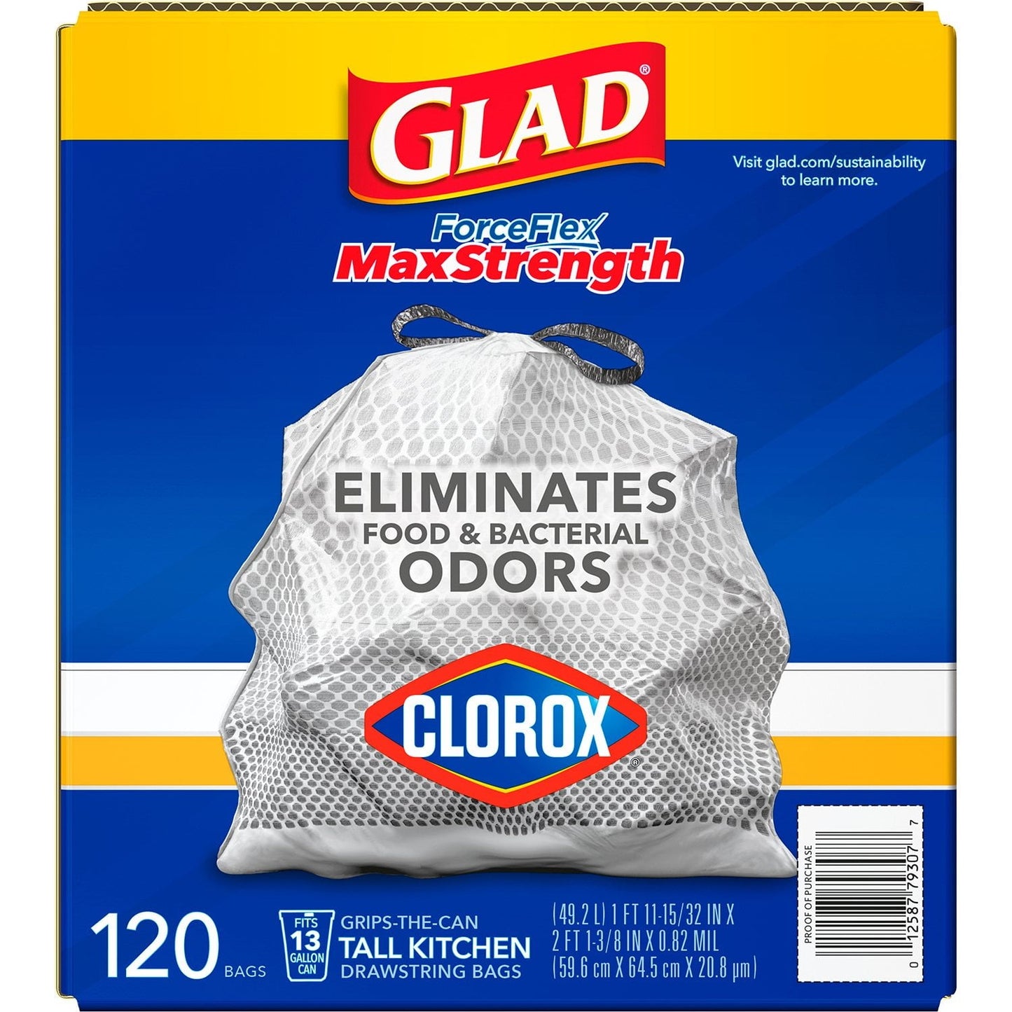 Glad ForceFlex MaxStrength with Clorox Tall Kitchen Drawstring Trash Bags, Lemon Fresh Scent, 13 Gallon, 120 ct.