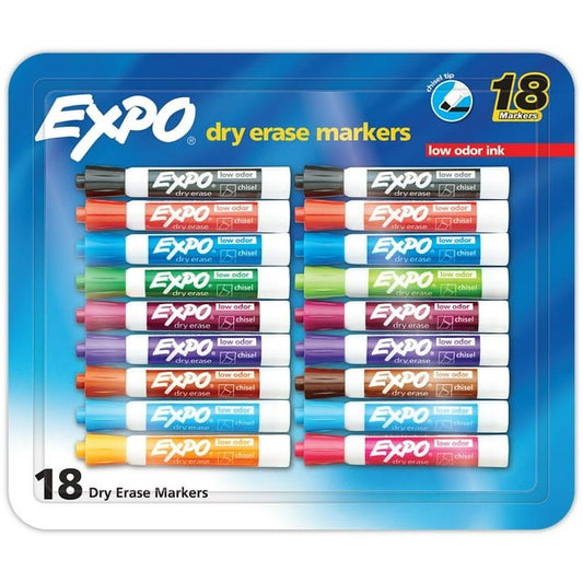 Expo Dry Erase Markers – Assorted Colors, Chisel Tip, Pack of 18 | Low-Odor, Bold & Smooth Writing