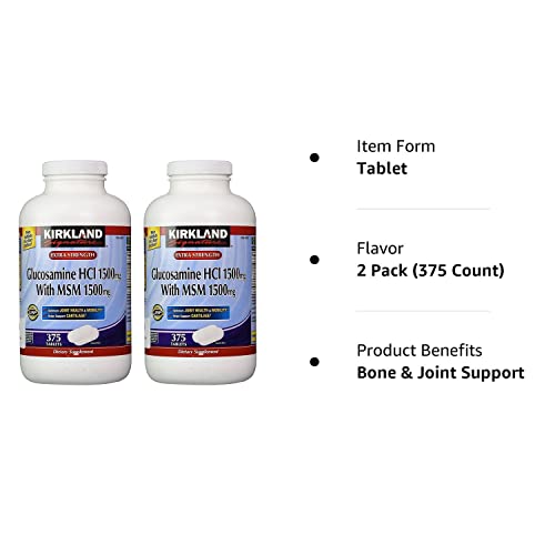 Kirkland Signature Extra Strength Glucosamine HCI 1500mg, With MSM 1500 mg, 375-Count Tablets (Multi Pack of 2)