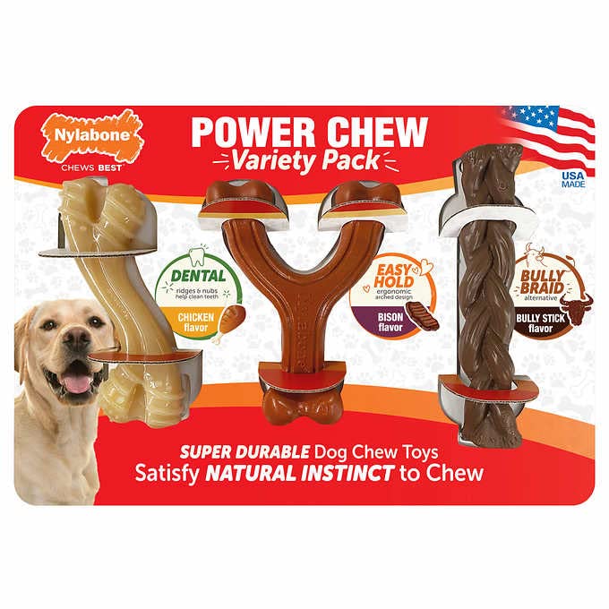 Nylabone Power Chew Variety Pack Dog Chew Toys Dental, Easy Hold, Bully Braid USA Made