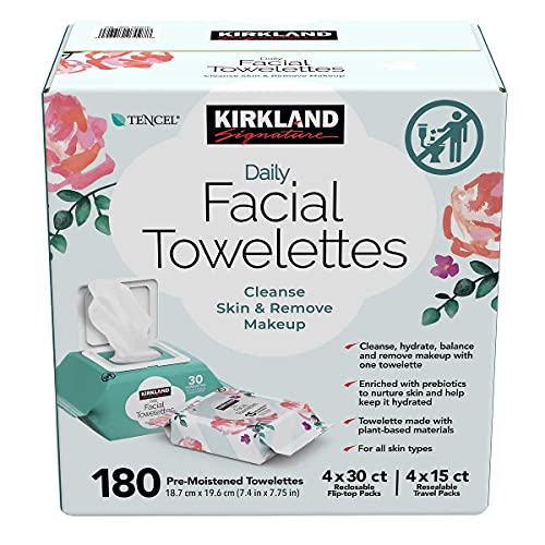 Kirkland Daily Facial Towelettes, 180 CT | 180 Pre-Moistened Towelettes | Hypoallergenic | Alcohol-Free | 4 x 30ct Reclosable Flip-top Packs | 4 x 15ct Resealable Travel Packs