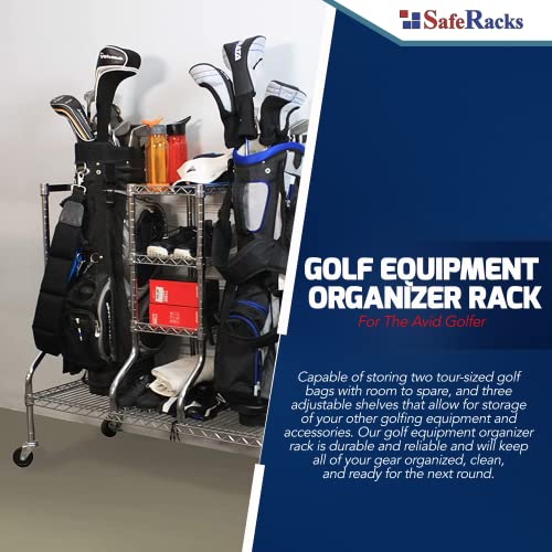 SafeRacks Golf Equipment Organizer Rack, Golf Bag Storage Rack for Garage, Heavy-Duty Organization and Storage w/Steel Wire Shelf, Golf Garage Shelving Fits 2 XL Bags & Accessories