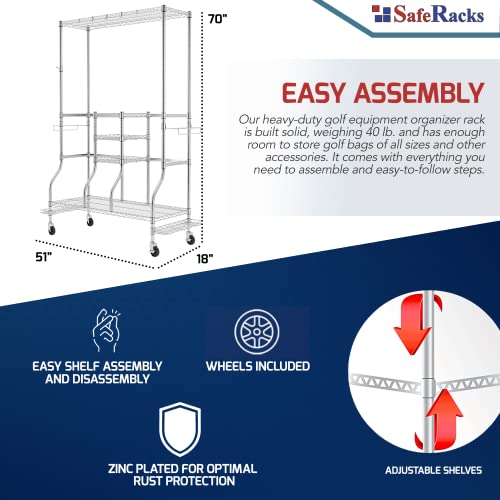 SafeRacks Golf Equipment Organizer Rack, Golf Bag Storage Rack for Garage, Heavy-Duty Organization and Storage w/Steel Wire Shelf, Golf Garage Shelving Fits 2 XL Bags & Accessories