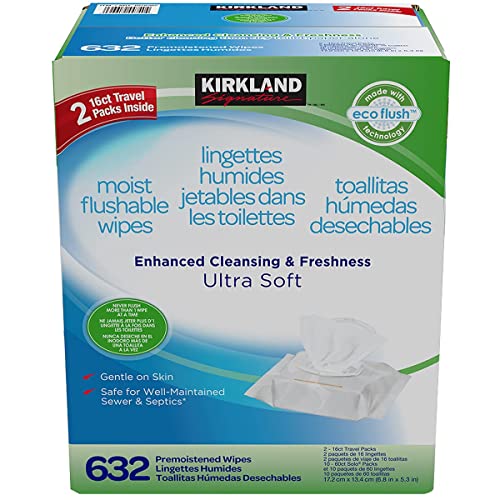 Kirkland Signature Moist Flushable Enhanced Cleansing & Freshness Ultra Soft Hypoallergenic Plant-Based Wipes - 632 Count