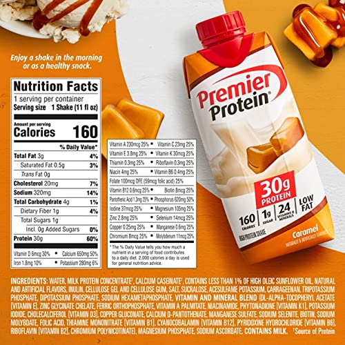 Premier Protein High Protein Shake, Caramel - 160 Calories - 24 Vitamins & Minerals - 30 g Protein - Ready Set Gourmet Donate a Meal Program - 1 Case (11 fl. oz, 15 pk Each)