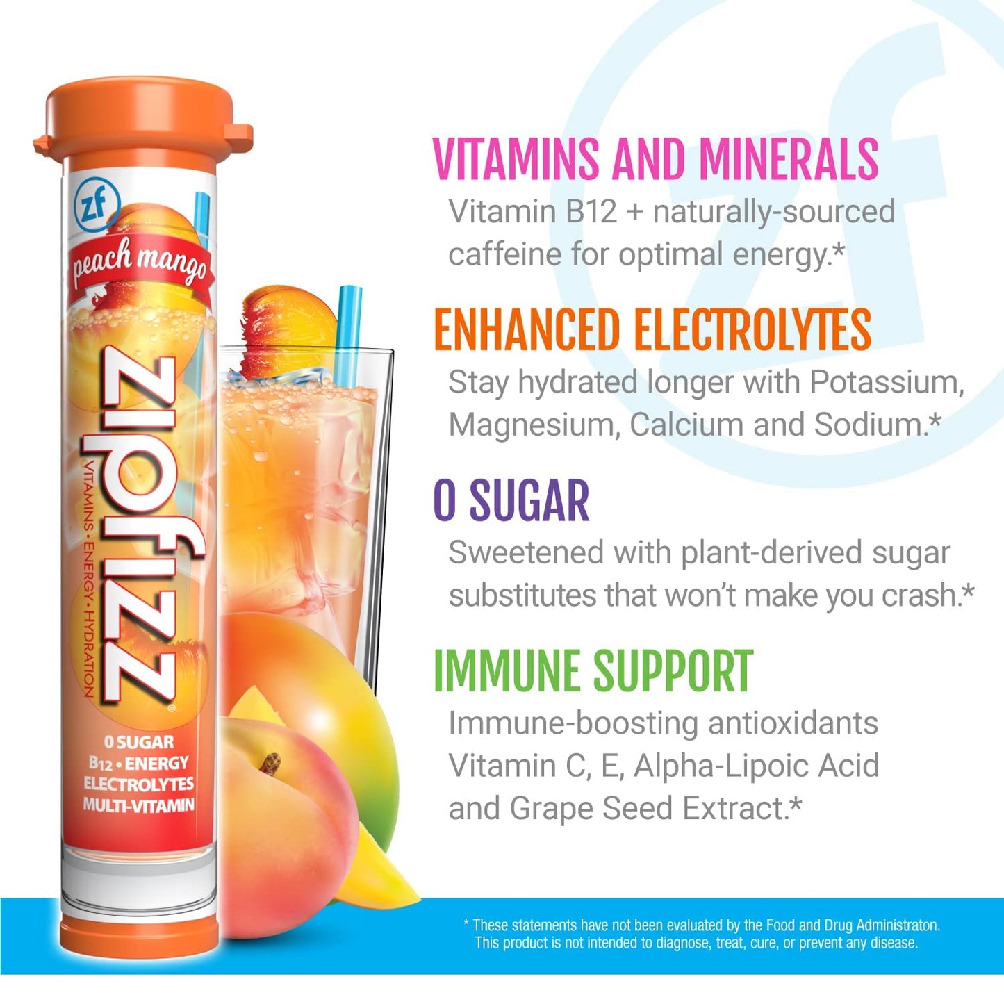 Zipfizz Energy Drink Mix, Hydration with B12 and Multi Vitamins, Peach Mango, 30 Count